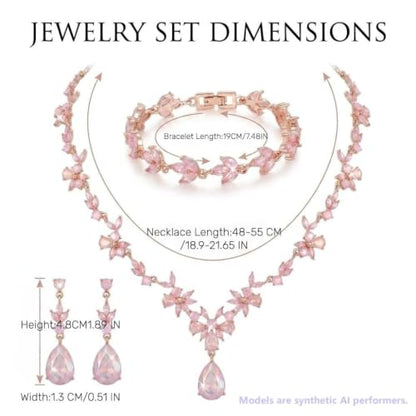 Kamirola Bridal Jewelry Set, Jewelry Set for Women, Necklace Dangle Earrings Bracelet Set, White Gold Plated (TR76) - color: Cream Pink