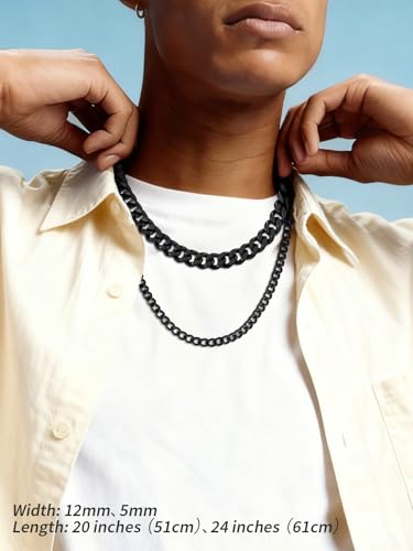 FindChic Men Curb Chain Necklace 18K Gold Plated/Stainless Steel/Black Chunky Double Tight Cuban Link Hip Hop Neck Chains for Men Boys 3.5MM/5MM/6MM/7MM/9MM/12MM 14''-30'' 8 Length Options (Send Gift Box) - color: A.5mm Width-Black, size: 22 inches