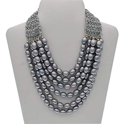 utop JNF Hand made Pearl Statement Necklace for Women Rhinestone Multilayer Crystal Necklaces Chunky Pearl Necklace Large Pearl Necklace and Earrings Set for Mother Mom's gift - color: grey pearl necklace