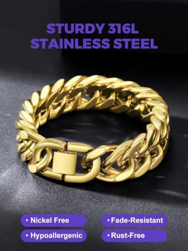 Richsteel Mens Cuban Link Bracelets, Silver/Black/14K Gold Plated Stainless Steel Bracelet for Men 8/12/17mm Width, 7.4/8.2/9 Inch Length Chain Wrist Bracelets With Gifts Box - style: 08-Gold Plated 17mm Width