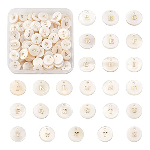 Craftdady 104pcs Flat Round Shell Letter Alphabet Pendants Freshwater Shell with A-Z Initial Capital Letter Circle Charms 11.5mm for DIY Name Bracelets Necklaces Earrings Making - color: Golden Letter