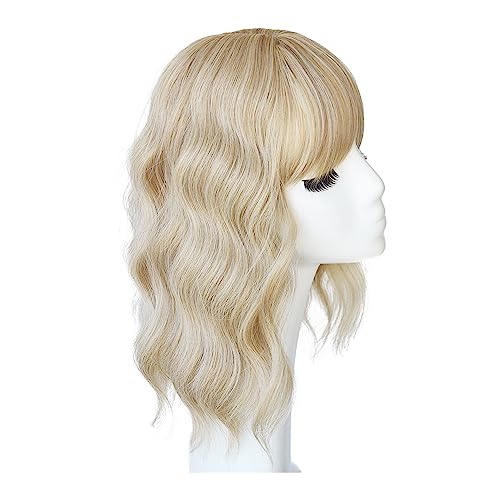 Synthetic Loose Water Wave Hair Topper With Bangs, Mixed Blonde | Clip in Hair Topper Synthetic Hair Toupee for Women Girls (13inch) - size: 13 Inch