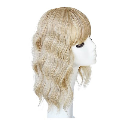 Synthetic Loose Water Wave Hair Topper With Bangs, Mixed Blonde | Clip in Hair Topper Synthetic Hair Toupee for Women Girls (13inch) - size: 13 Inch