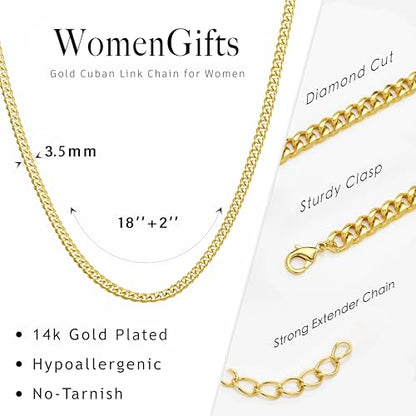 WomenGifts Cuban Link Chain Necklace for Women, Waterproof 14k Gold Silver Plated Chain Choker, Non Tarnish Stainless Steel Jewelry, 3.5/5/6/8/11mm,14/16/18 Inch Thin&Chunky&Thick - color: Gold, style: 3.5MM-18"