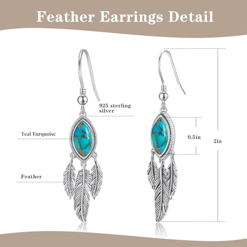 AVECON Turquoise Dangle Earrings for Women, Sterling Silver Feather Jewelry | Genuine Western Marquise Boho Pierced, Native American Jewelry with Hook and Leaf, for Cowgirl & Cowboy - color: Teal Turquoise