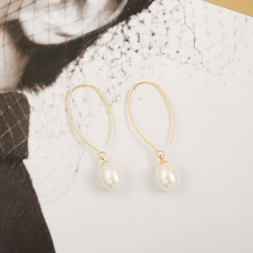 Raw Turquoise/Shell Pearl Drop Dangle Earrings 18K Gold Plated Long Hook Wire Threader Earrings for Women Bohemian Ear Jewelry Gift for Her
