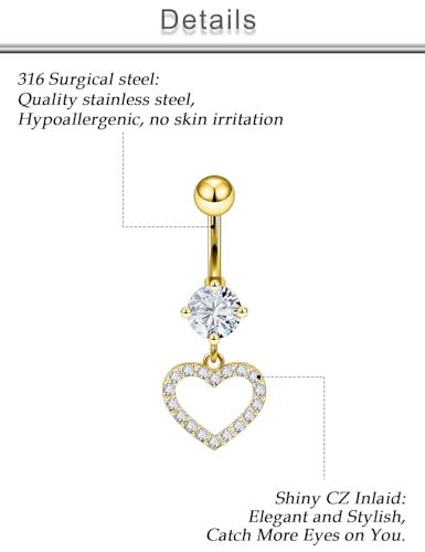 7PCS 14G 10mm Stainless Steel Dangle Belly Button Rings for Women Belly Piercing CZ Inlaid - style: Gold