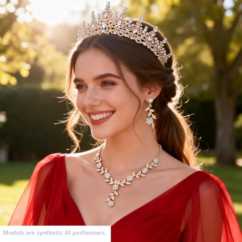 Kamirola Tiaras and Crowns for Women,Tiaras Earrings Necklace, Crystal Bridal Jewelry Set (TR48) - color: Gold White