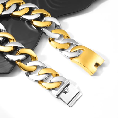 SDA Wide Chunky Gold Chain Necklace - Heavy and Waterproof 316L Surgical Steel with 18K Gold Plating for Modern Men and Women into Hip Hop Fashion - color: B115-Gold+White Gold