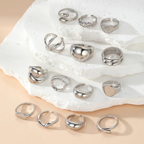 Chunky Rings for Women Non Tarnish 14k Stackable Dome Statement Rings Sets Vintage Dainty Knuckle Open Midi Finger Rings Jewelry Pack Gifts - style: Silver 14Pcs