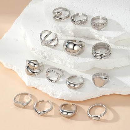 Chunky Rings for Women Non Tarnish 14k Stackable Dome Statement Rings Sets Vintage Dainty Knuckle Open Midi Finger Rings Jewelry Pack Gifts - style: Silver 14Pcs