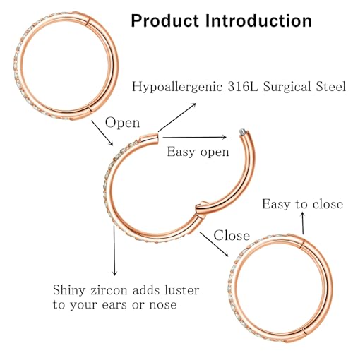 ORANGELOVE 20G 18G 16G Clear CZ Nose Ring Hoop 316L Surgical Steel Seamless Silver Septum Ring Clicker Jewelry Cartilage Earring Ear Piercing Hoop Earrings for Women Men Helix Rook Lobe Conch Tragus Daith Lip Hinged Piercing Jewelry with Cubic Zirconia -
