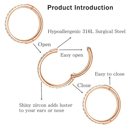 ORANGELOVE 20G 18G 16G Clear CZ Nose Ring Hoop 316L Surgical Steel Seamless Silver Septum Ring Clicker Jewelry Cartilage Earring Ear Piercing Hoop Earrings for Women Men Helix Rook Lobe Conch Tragus Daith Lip Hinged Piercing Jewelry with Cubic Zirconia -