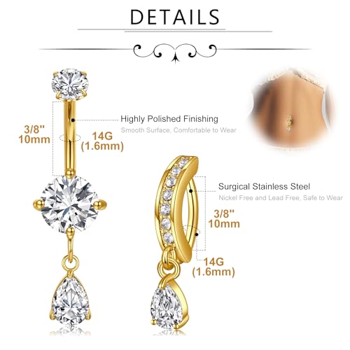 MODRSA Dangle Belly Button Ring Dangling Silver Gold Dangly Belly Piercing Jewelry Hypoallergenic Surgical Steel Butterfly Flower Navel Rings for Women Clicker Navel Piercings Pink - color: B2-Dangle Trendy 2pcs -gold