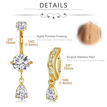 MODRSA Dangle Belly Button Ring Dangling Silver Gold Dangly Belly Piercing Jewelry Hypoallergenic Surgical Steel Butterfly Flower Navel Rings for Women Clicker Navel Piercings Pink - color: B2-Dangle Trendy 2pcs -gold