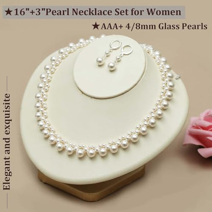 S SUSANN Costume Layered Twisted Gold Pearl Necklace Choker Chunky Glass Statement Pearl Necklace and Earring set, good gift for women Faux pearl necklace set - style: Hand weaved floral choker set