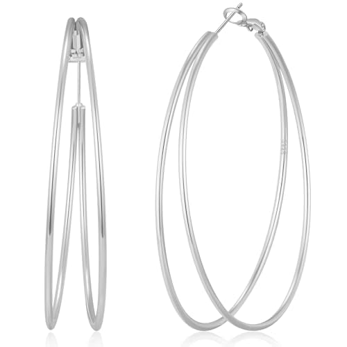 Large Thin Double Hoop Earrings for Women Lightweight Hypoallergenic 925 Sterling Silver Post 14K Gold Hoops Non Tarnish Sturdy Big Thin Double Layered Hoop Earrings 30/40/50/60mm - color: Silver, size: 50mm