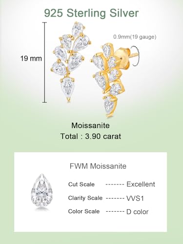 Moissanite 20mm Butterlfy/Flower/Leaf/Bezel Crawler Stud Earrings for Women, 925 Sterling Silver with Gold Plated, Hypoallergenic Cartilage Earrings, Valentines Birthday Anniversary Wedding Gift - color: Leaf - 3.90 Carat - Yellow Gold