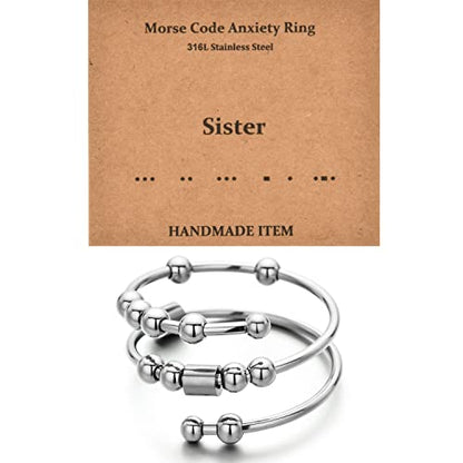 Morse Code Rings for Women, Stainless Steel Spinner Ring Fidget Rings for Anxiety Ring Morse Code Rings Inspirational Gifts Jewelry Women Birthday Graduation Gifts for Best Friends - style: 16 Sister