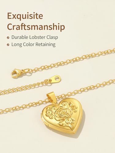FindChic Locket Necklace for Women Custom Photo Memorial Gifts 4 Colors | Silver/Black/Rose Gold/Gold Plated Personalized for Loved Ones, Birthday Valentine's Day Keepsake - style: 12. Rose Relief (DIY)-Gold