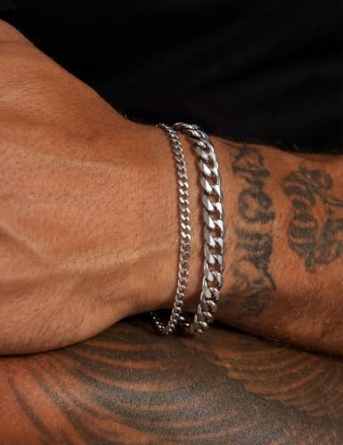 Silver Bracelet Set for Men, Figaro and Cable Link Chain | Stainless steel Figaro and cable link bracelets for stacking, daily wear, and gifts - color: Style3-8 inch