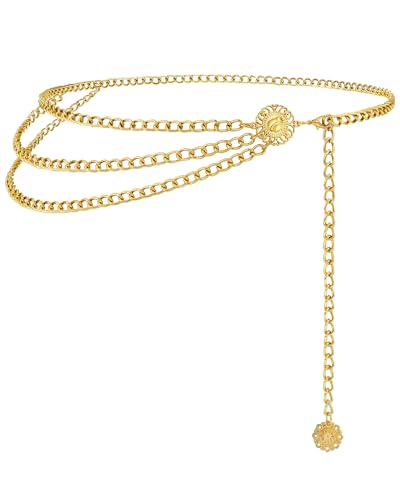 Chain Belt for Women Fashion Multilayer Metal Waist Chain Dress Belt Adjustable - size: Fit Waist Up to 27'', style: Gold