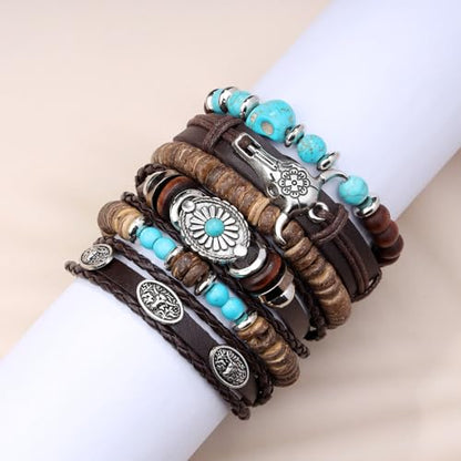 Mens Beaded Bracelets Tribal Wooden Elastic Adjustable Prayer Beads Wrap Cuff for Women - color: R: 5pcs