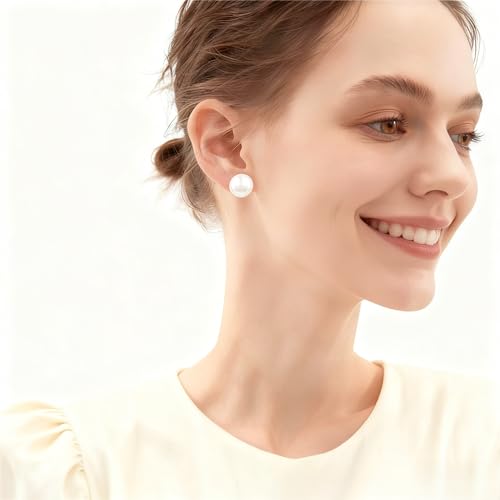 White Faux Pearl Stud Earrings, S925 Silver Posts Hypoallergenic for Women - color: White, size: 14mm