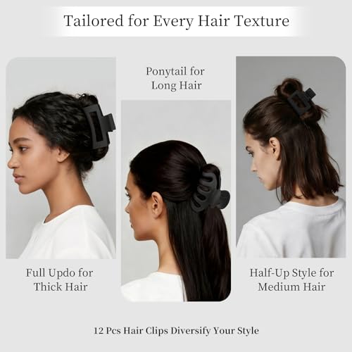 Small Medium Claw Clips for Women, 3 Styles Hair Clips for Thick and Thin Hair, Non-slip Strong Hold, 12 Pcs (Black) - color: Black