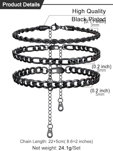 U7 2Pcs/3Pcs Ankle Bracelets for Women, Stainless Steel Cuban Link/Figaro/Rope/Heart Chain Anklets Sets,Waterproof Layered Anklets Adjustable 8.5"-10.5" - color: 03. 3Pcs Style A-Black