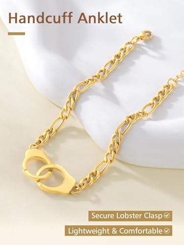 FindChic Stainless Steel Ankle Bracelets for Women, Waterproof Figaro/Cuban/Box/Beaded Chain Anklets, Summer Beach Foot Jewelry, 8.5''-10.5'' Adjustable Length, with Gift Box - style: HankCuff-Gold