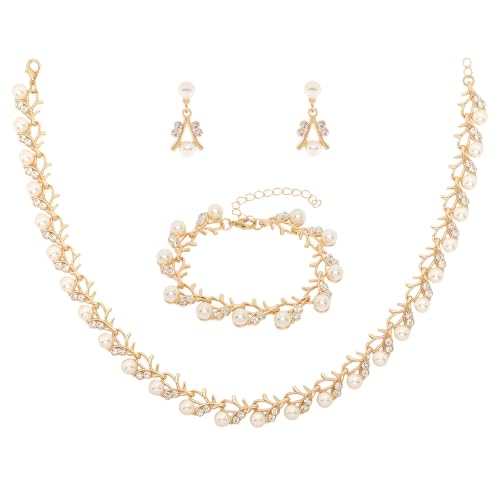Rhinestone Pearl Jewelry Set Bracelet Necklace Earring for Women | Adjustable Extension Chain, Wedding Bridal Accessories, Faux Pearl Rhinestone Combo, Elegant Gift for Women - color: Gold