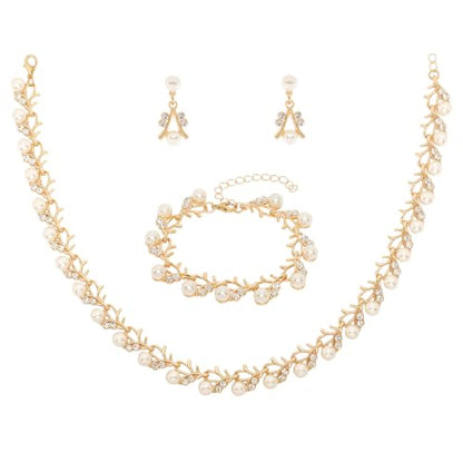 Rhinestone Pearl Jewelry Set Bracelet Necklace Earring for Women | Adjustable Extension Chain, Wedding Bridal Accessories, Faux Pearl Rhinestone Combo, Elegant Gift for Women - color: Gold