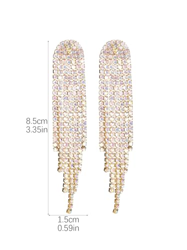 Rhinestone Tassel Earrings Sparkly Long Fringe Crystal Chandelier Dangle Drop Earrings Wedding Party Prom Earrings Premium Iridescent Earrings Wedding Party Jewelry Gifts for Women - color: Gold1