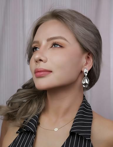 FAN&LOUIS Gold Silver Clip On Dangle Earrings Women,14K Gold Teardrop Statement Dangle Earrings Clips Lightweight Hammered Drop Dangle Clip-on Earrings for Women - style: Gold and Silver