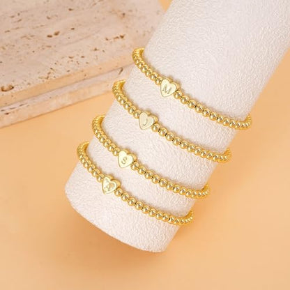 Beaded Bracelets for Women Dainty Beaded Heart Initial Bracelets Letter A-Z Charm Stretch Bead Ball Bracelet Trendy Jewelry Gifts - style: Gold-G