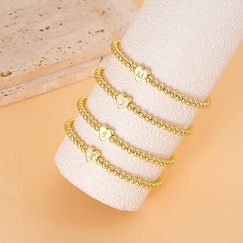 Beaded Bracelets for Women Dainty Beaded Heart Initial Bracelets Letter A-Z Charm Stretch Bead Ball Bracelet Trendy Jewelry Gifts - style: Gold-F