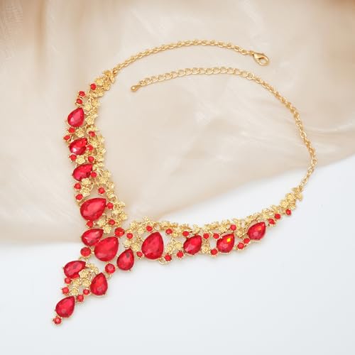 CSY Elegant Crystal Costume Jewelry Sets Flower Bridal Necklace Earrings Stretch Bangle Set for Bride Bridesmaid Wedding Dress Accessories - color: Red crystal-gold tone