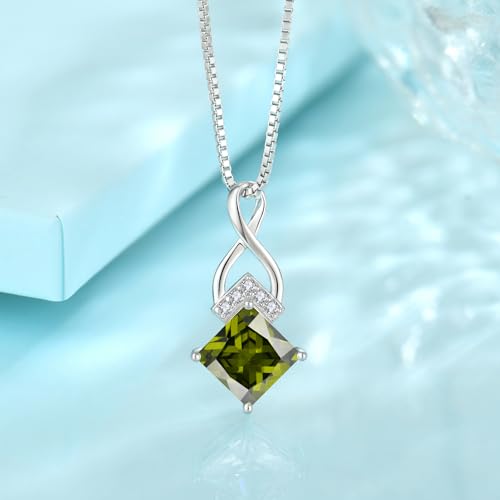 Infinity Necklace 925 Sterling Silver Princess Cut Pendant Birthstone Jewelry for Women - color: Olive Green