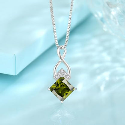 Infinity Necklace 925 Sterling Silver Princess Cut Pendant Birthstone Jewelry for Women - color: Olive Green