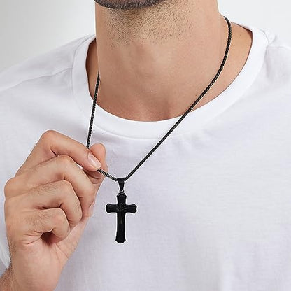Men's Cross Necklace 316L Stainless Steel Large Heavy Cross Pendant for Men Polished Jewelry Rolo Chain with 22'' 24'' 26'' - color: C-black, size: 24 inch