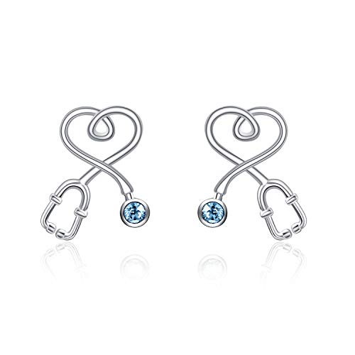 Stethoscope Earrings 925 Sterling Silver Heart Studs Earrings 12 Months Birthstone Crystals from Austria, Graduation Jewelry Gifts for Nurse Doctor RN Medical Student - color: Simulated Aquamarine