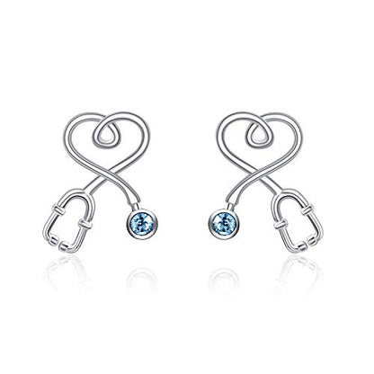 Stethoscope Earrings 925 Sterling Silver Heart Studs Earrings 12 Months Birthstone Crystals from Austria, Graduation Jewelry Gifts for Nurse Doctor RN Medical Student - color: Simulated Aquamarine