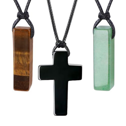 FANASY Natural Gemstone Pendant Necklace for Men Healing Crystal Pendant Adjustable Black Rope Necklace Jewelry Gifts for Women Men - color: Y- Style 1