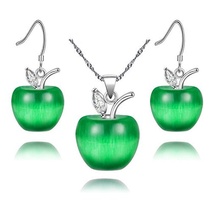 Uloveido Apple Necklace and Earrings Set for Women Cute Apple Jewelry Set for Teacher Mom YL007 - color: Dark Green