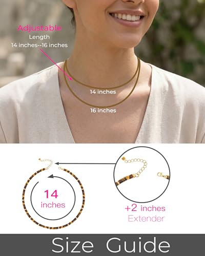 Natural Heishi Gemstone Choker Necklace for Women, Adjustable 15"+2" Beaded Layering Necklace, Coastal Beach Jewelry Gift for Her - color: Tiger Eye