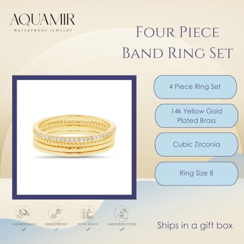Waterproof Stacking Ring Set 14K Yellow Gold Plated Brass Cubic Zirconia Band Rings for Women Four Piece