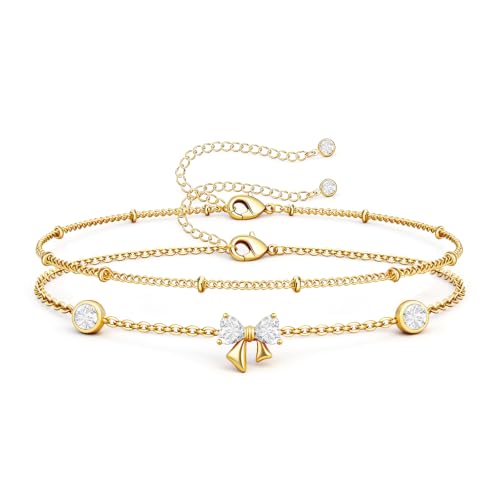 16K Gold Plated Bracelets Set for Women - Dainty Layered Adjustable Hand Chain Bracelet with Cubic Zirconia, Cute Jewelry Gift for Her, Waterproof Hypoallergenic - color: Bowknot