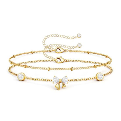 16K Gold Plated Bracelets Set for Women - Dainty Layered Adjustable Hand Chain Bracelet with Cubic Zirconia, Cute Jewelry Gift for Her, Waterproof Hypoallergenic - color: Bowknot