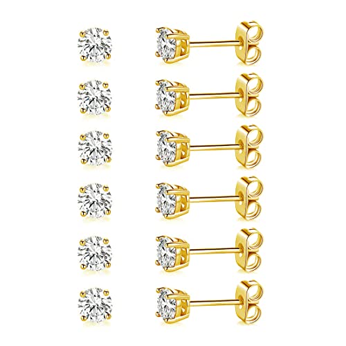 MDFUN Hypoallergenic CZ Stud Earrings Set for Women/Men,6 Pairs 18K Gold Plated Round 3-8mm Clear Cubic Zirconia Earring Pack Jewelry Gift - color: Yellow gold-6mm-6 pairs